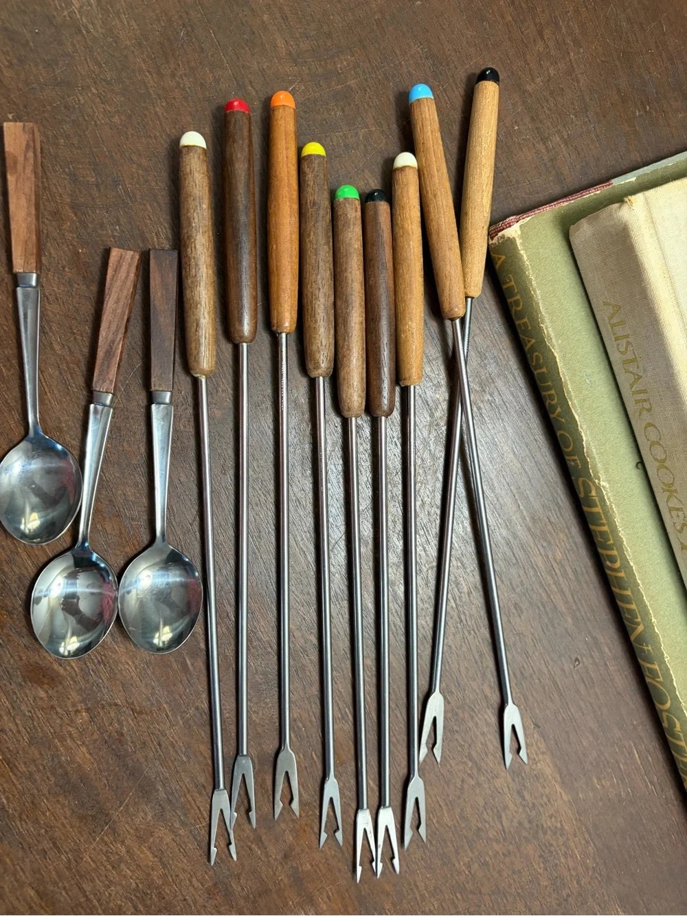 Vintage Wood-Handle Fondue Fork and Spoon Set Mid-Century Modern entertaining